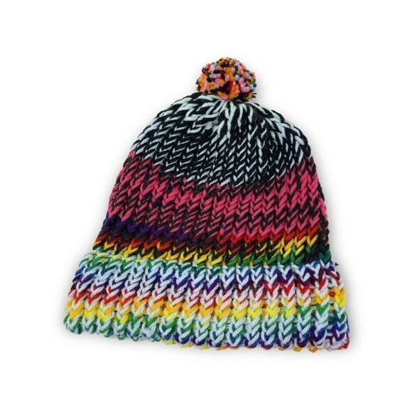Handmade Accessories - Handmade Knit Pom Hat Beanie Rainbow Black Multicolor One Size Fits Most